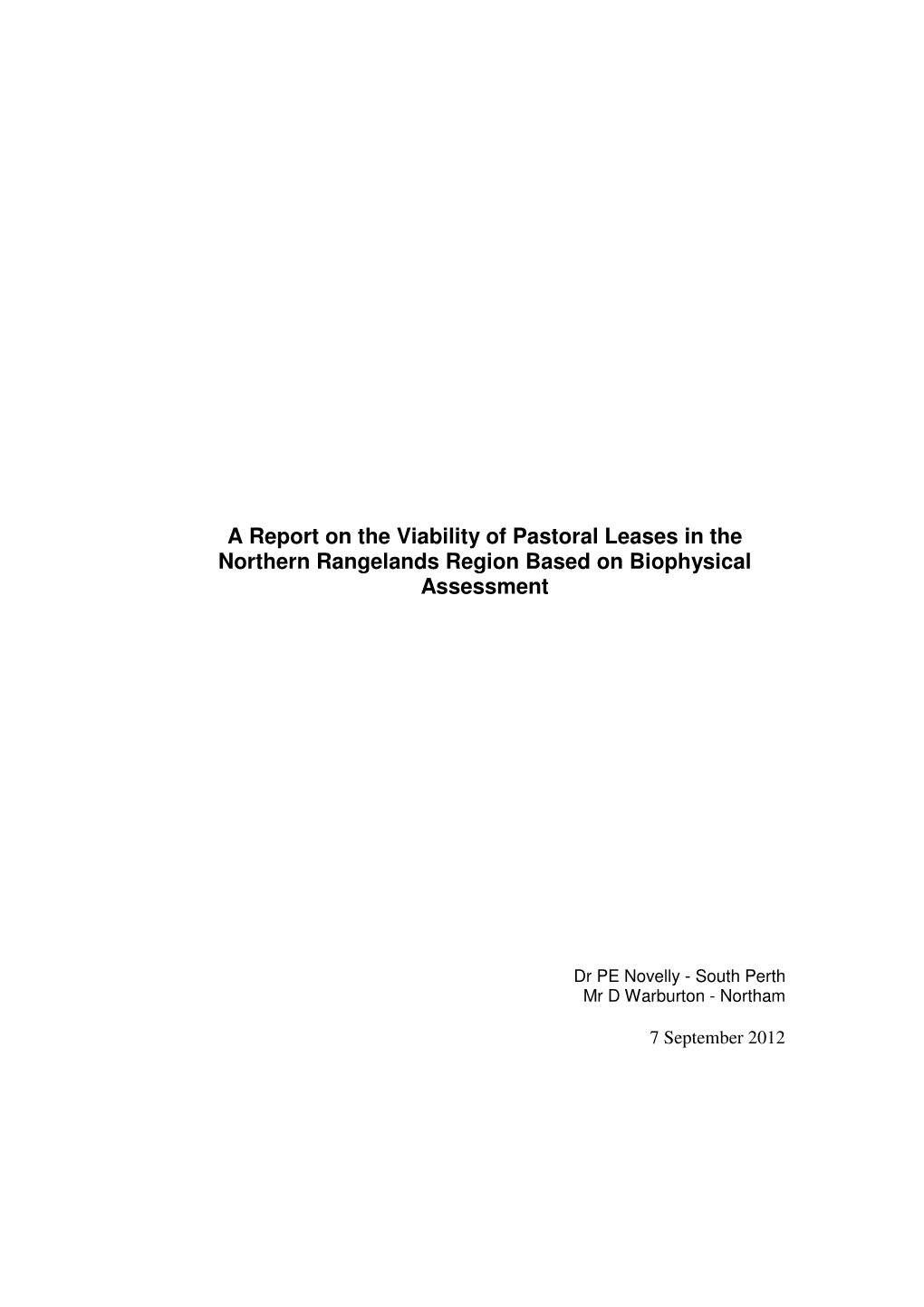 A Report on the Viability of Pastoral Leases in the Northern Rangelands Region Based on Biophysical Assessment