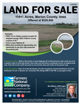 114+/- Acres, Marion County, Iowa Offered at $529,900