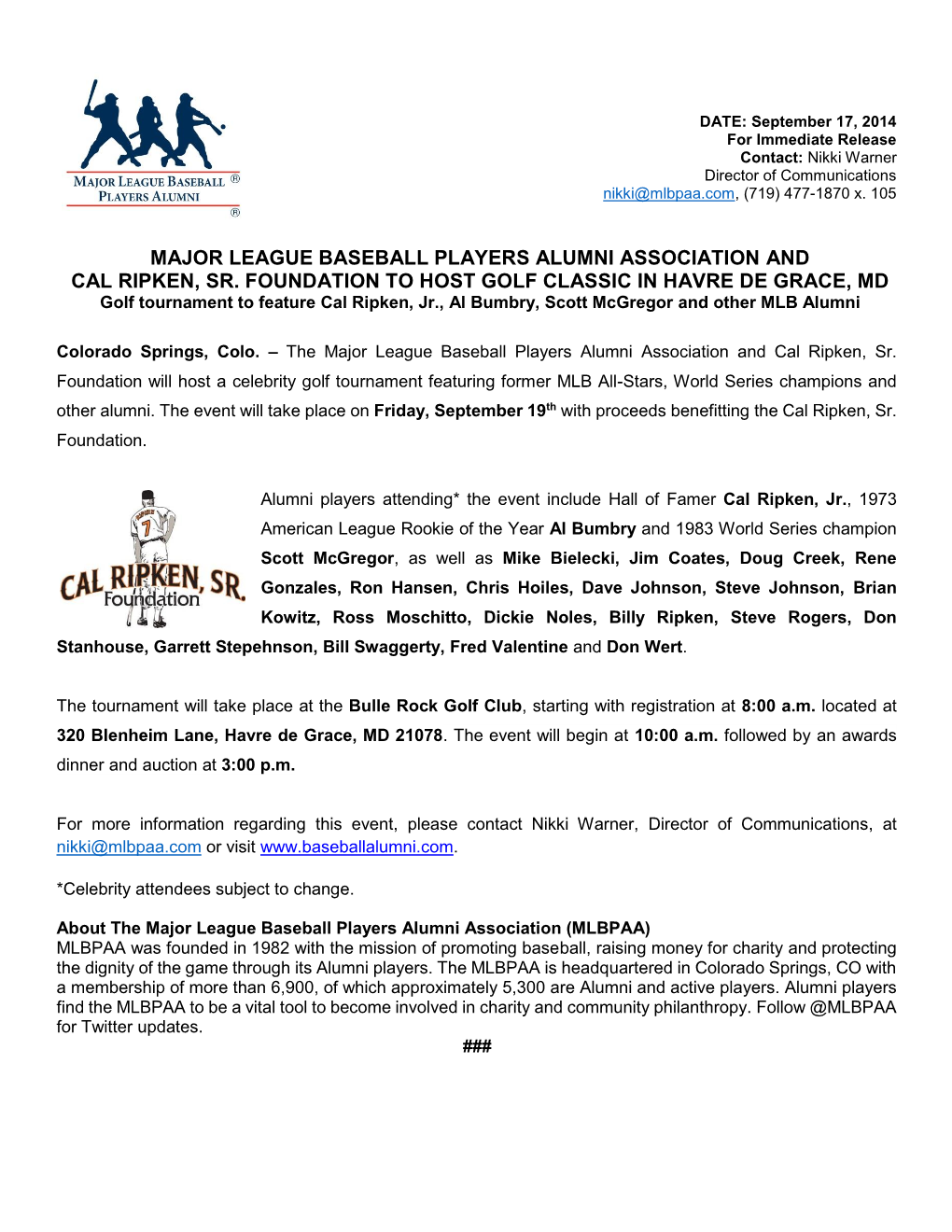 Major League Baseball Players Alumni Association and Cal Ripken, Sr