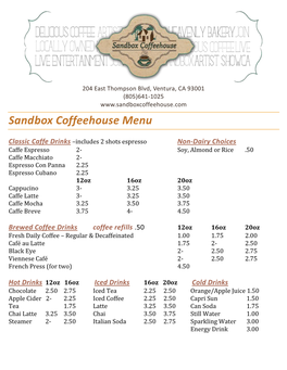 Sandbox Coffeehouse Menu