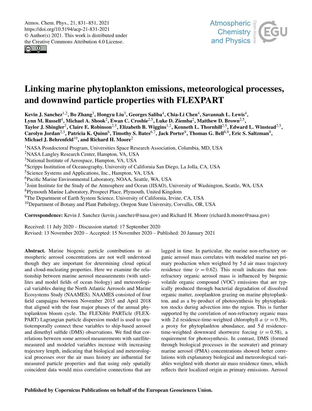 Linking Marine Phytoplankton Emissions, Meteorological Processes, and Downwind Particle Properties with FLEXPART