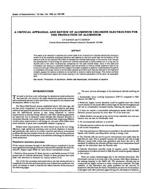 A Critical Appraisal and Review of Aluminium Chloride Electrolysis for the Production of Aluminium