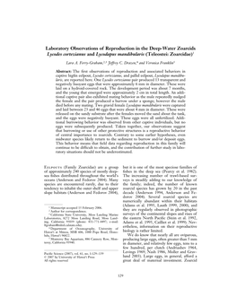 Laboratory Observations of Reproduction in the Deep-Water Zoarcids Lycodes Cortezianus and Lycodapus Mandibularis (Teleostei: Zoarcidae)1