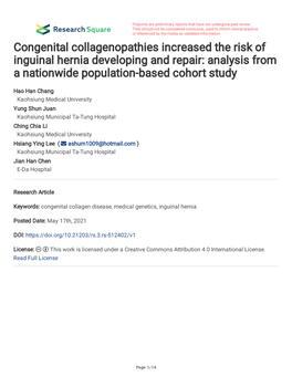 Congenital Collagenopathies Increased the Risk of Inguinal Hernia Developing and Repair: Analysis from a Nationwide Population-Based Cohort Study