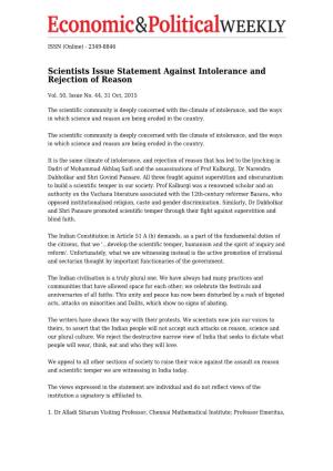 Scientists Issue Statement Against Intolerance and Rejection of Reason