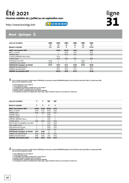 Été 2021 Ligne Horaires Valables Du 7 Juillet Au 1Er Septembre 2021 31 Brest - Quimper