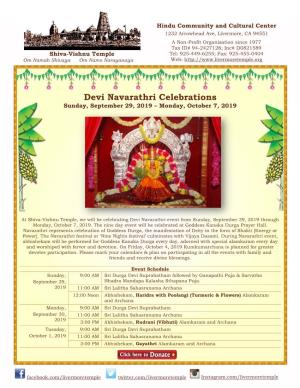 Devi Navarathri Celebrations Sunday, September 29, 2019 – Monday, October 7, 2019
