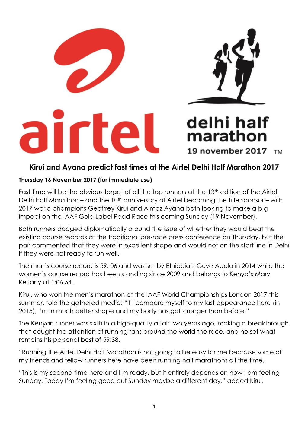Kirui and Ayana Predict Fast Times at the Airtel Delhi Half Marathon 2017