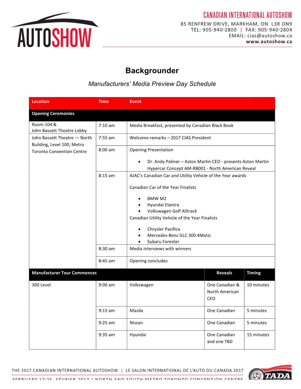 Backgrounder Manufacturers’ Media Preview Day Schedule