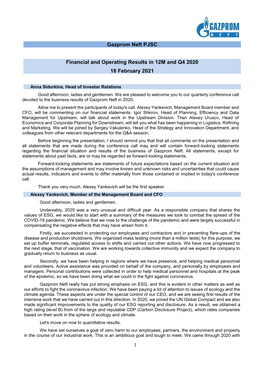 1 Gazprom Neft PJSC Financial and Operating Results in 12M and Q4