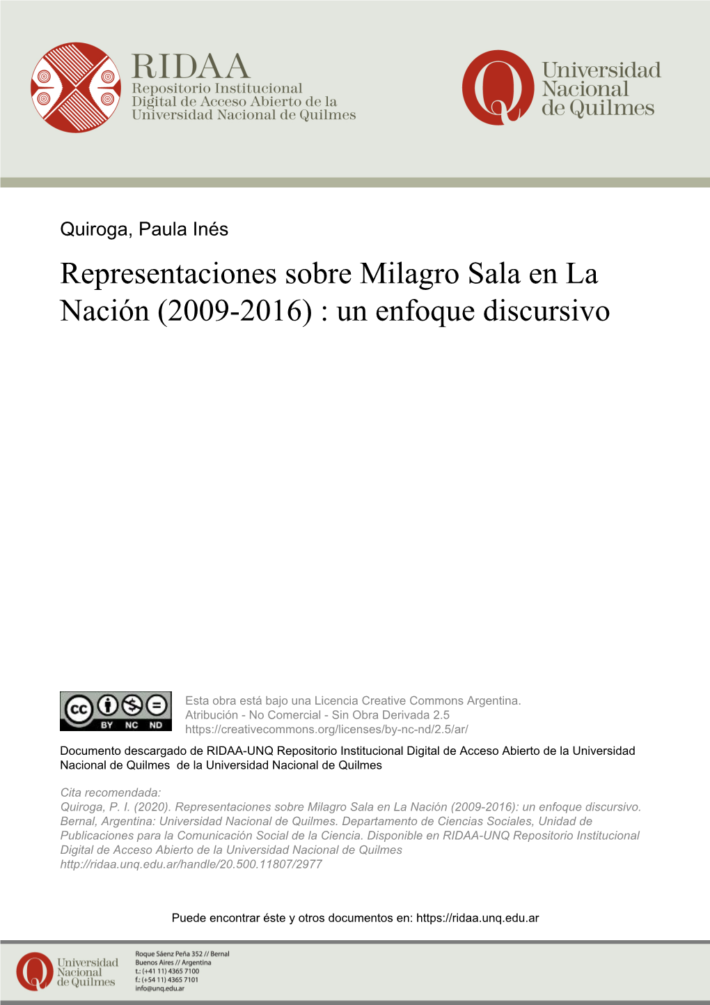 Representaciones Sobre Milagro Sala En La Nación (2009-2016) : Un Enfoque Discursivo