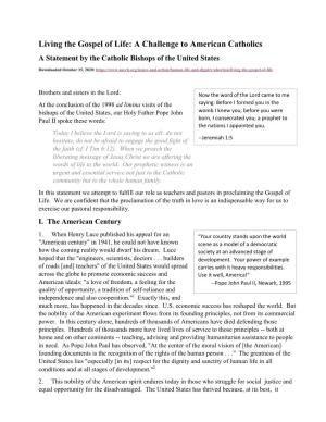 Living the Gospel of Life: a Challenge to American Catholics a Statement by the Catholic Bishops of the United States