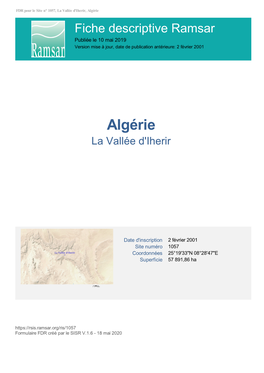 Algérie Fiche Descriptive Ramsar Publiée Le 10 Mai 2019 Version Mise À Jour, Date De Publication Antérieure: 2 Février 2001