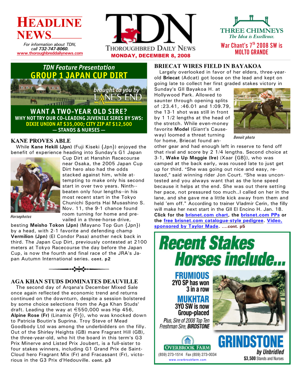 HEADLINE NEWS • 12/8/08 • PAGE 2 of 7 TDN Feature Presentation