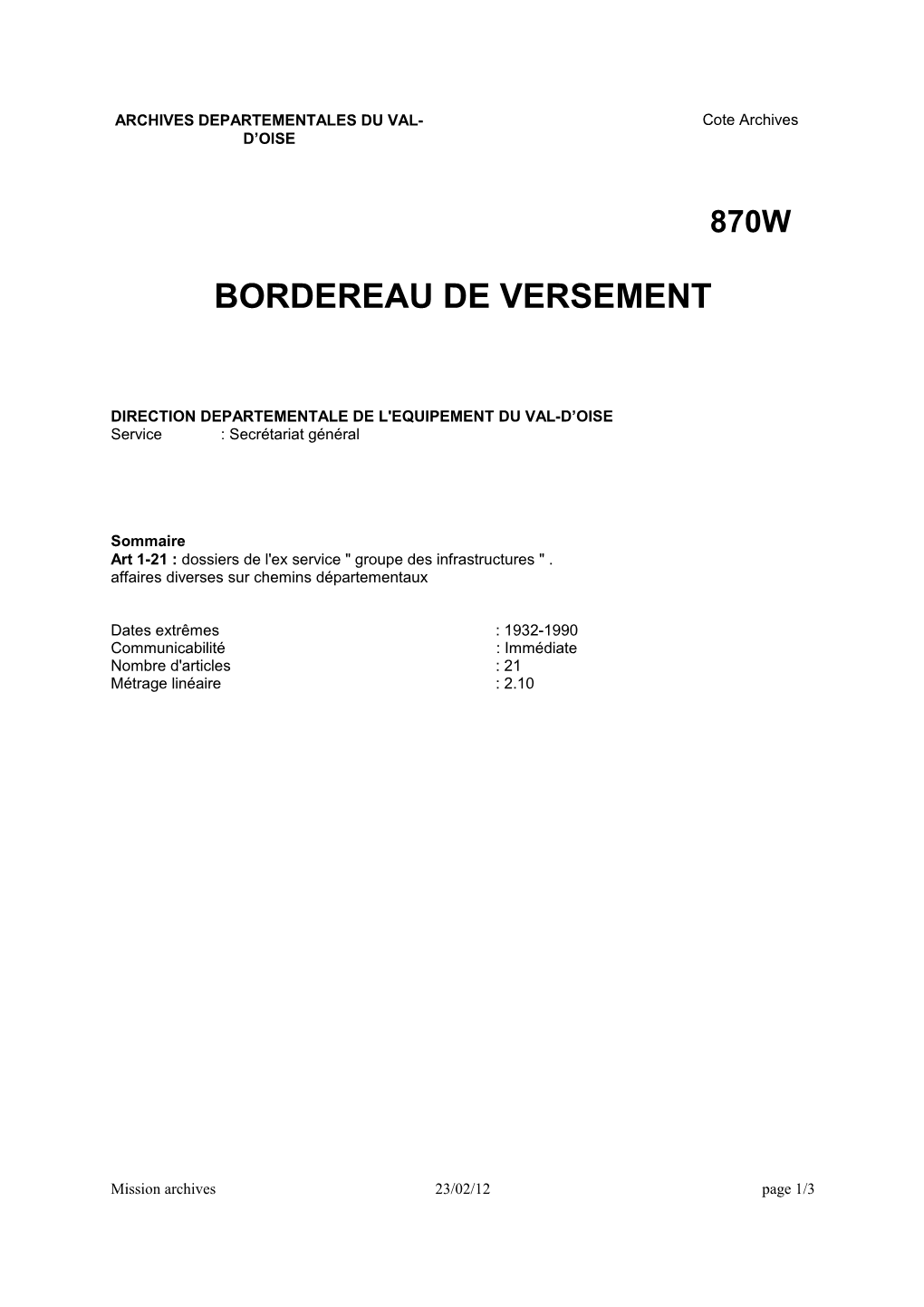 DDE Du Val-D'oise : Chemins Départementaux, 1932-1990