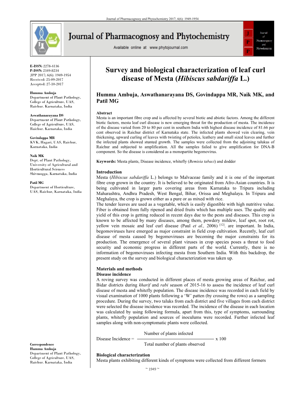 Survey and Biological Characterization of Leaf Curl Disease of Mesta