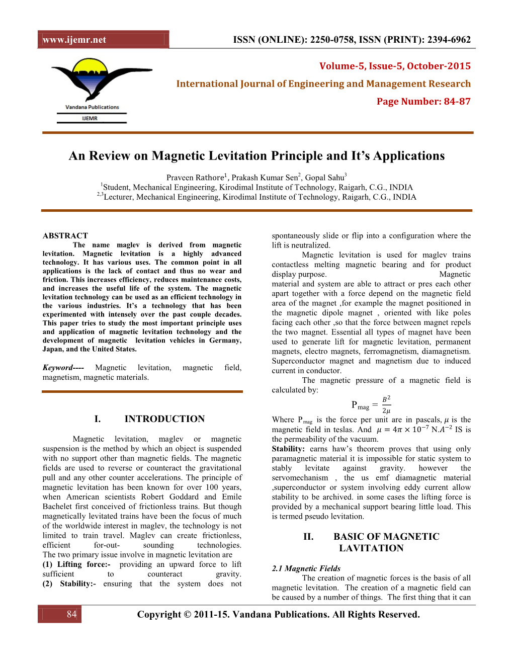 An Review on Magnetic Levitation Principle and It's Applications