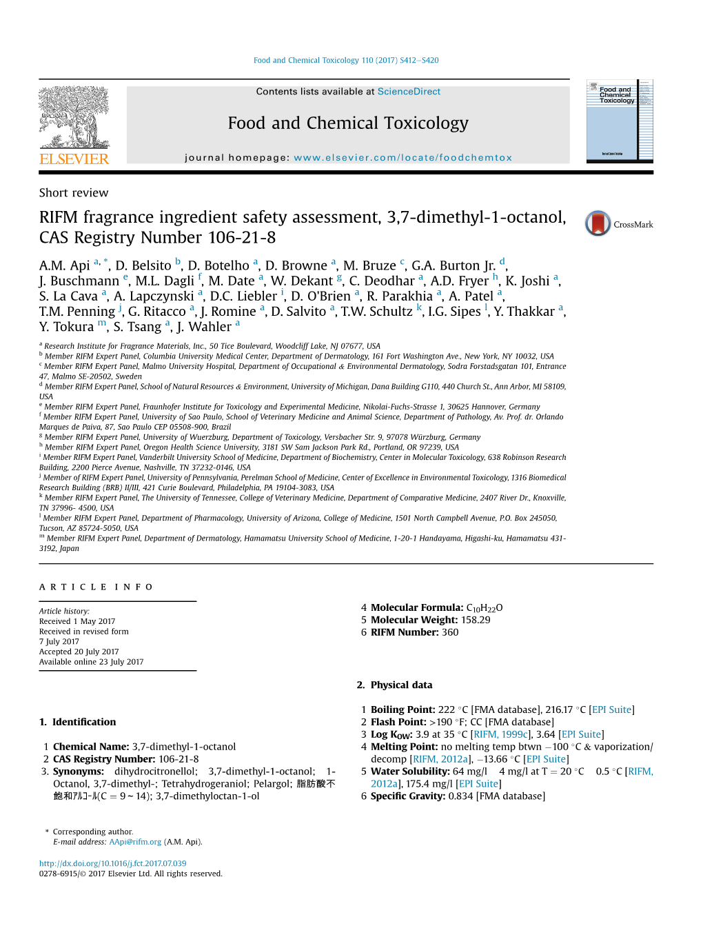 RIFM Fragrance Ingredient Safety Assessment, 3,7-Dimethyl-1-Octanol, CAS Registry Number 106-21-8