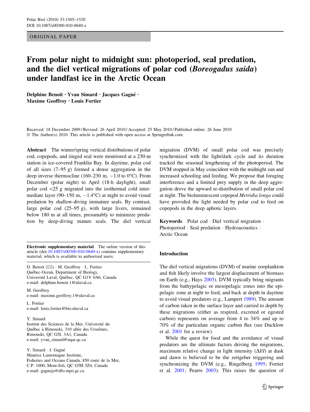 Photoperiod, Seal Predation, and the Diel Vertical Migrations of Polar Cod (Boreogadus Saida) Under Landfast Ice in the Arctic Ocean