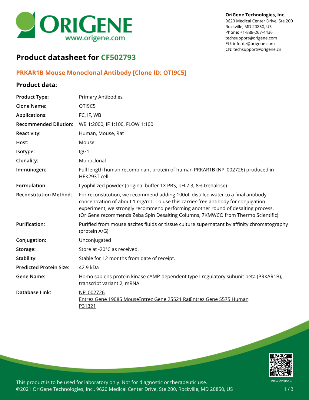 PRKAR1B Mouse Monoclonal Antibody [Clone ID: OTI9C5] Product Data