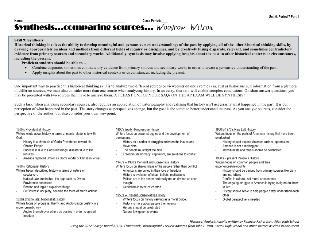 Synthesis…Comparing Sources… Woodrow Wilson