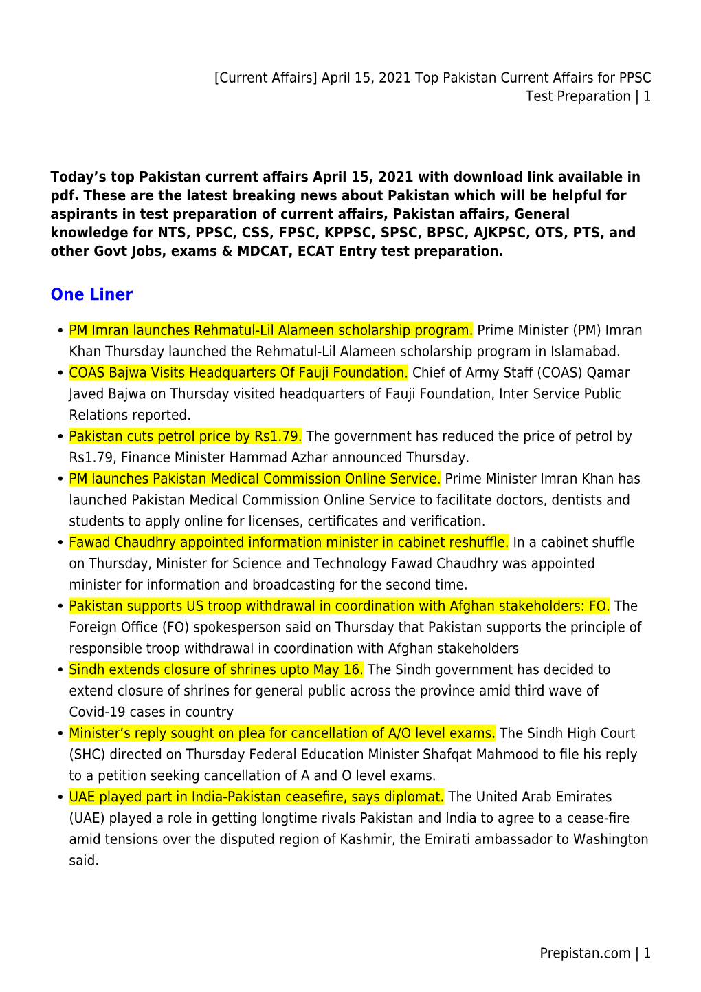 April 15, 2021 Top Pakistan Current Affairs for PPSC
