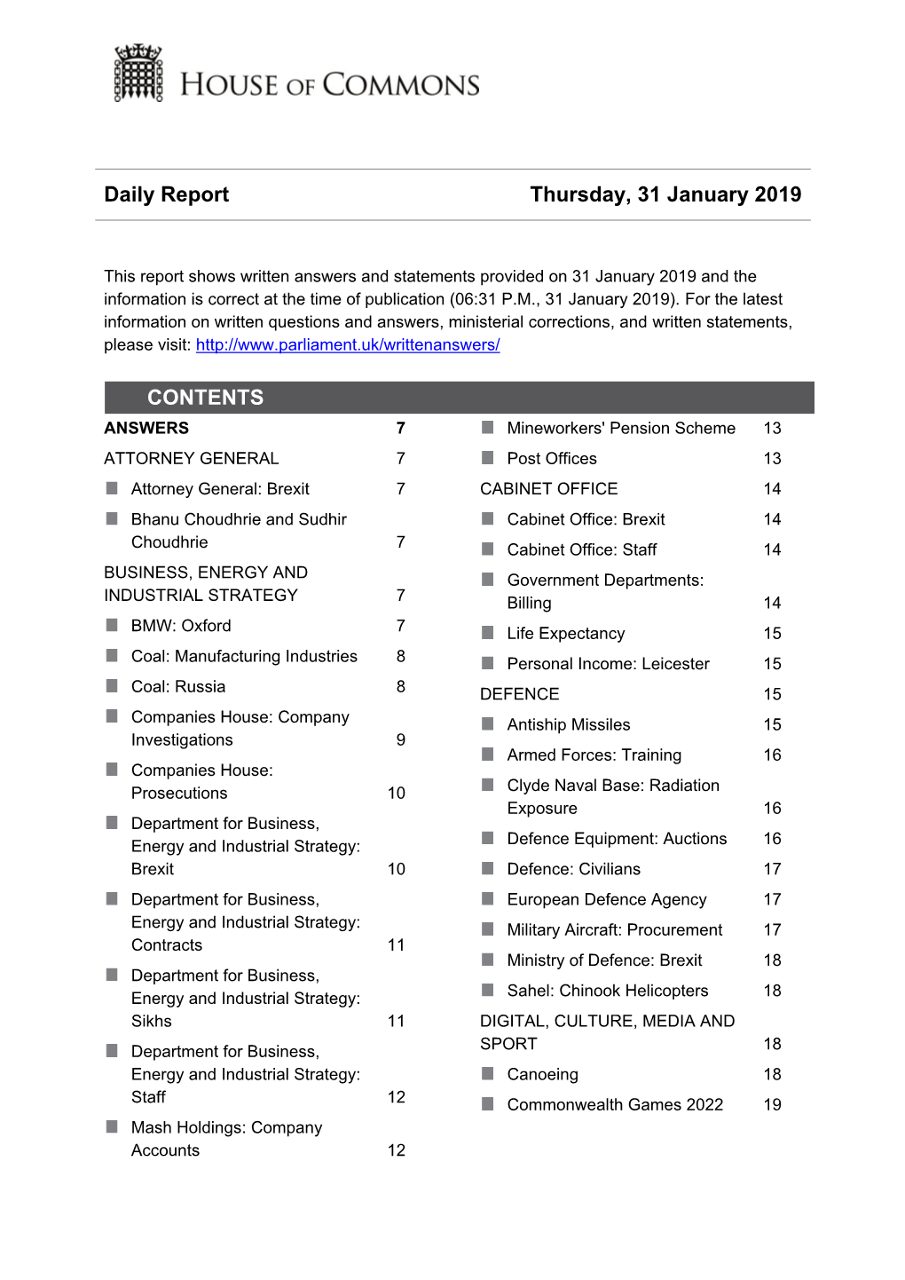 Daily Report Thursday, 31 January 2019 CONTENTS