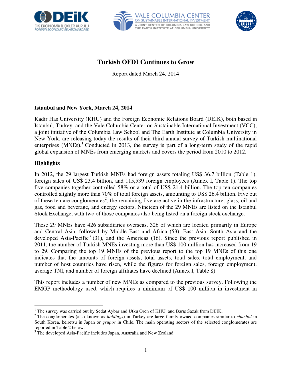 Turkish OFDI Continues to Grow Report Dated March 24, 2014