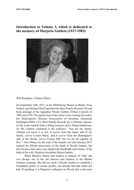 Introduction to Volume 3, Which Is Dedicated to the Memory of Marjorie Guthrie (1917-1983)