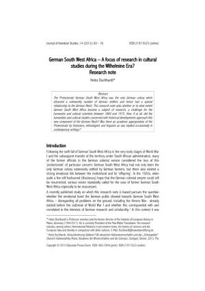 German South West Africa – a Focus of Research in Cultural Studies During the Wilhelmine Era? Research Note Heinz Duchhardt*