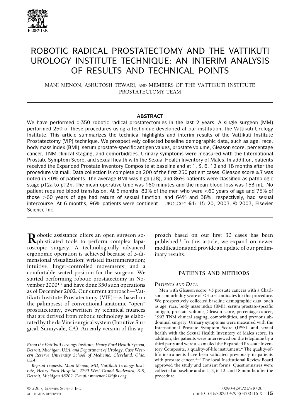 Robotic Radical Prostatectomy and the Vattikuti Urology Institute Technique: an Interim Analysis of Results and Technical Points