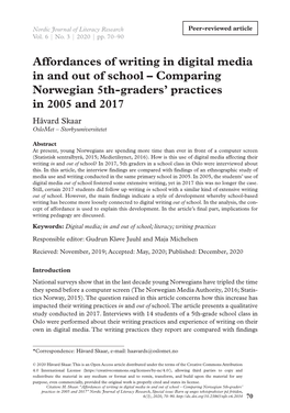 Affordances of Writing in Digital Media in and out of School – Comparing Norwegian 5Th-Graders' Practices in 2005 and 2017