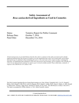 Safety Assessment of Rosa Canina-Derived Ingredients As Used in Cosmetics