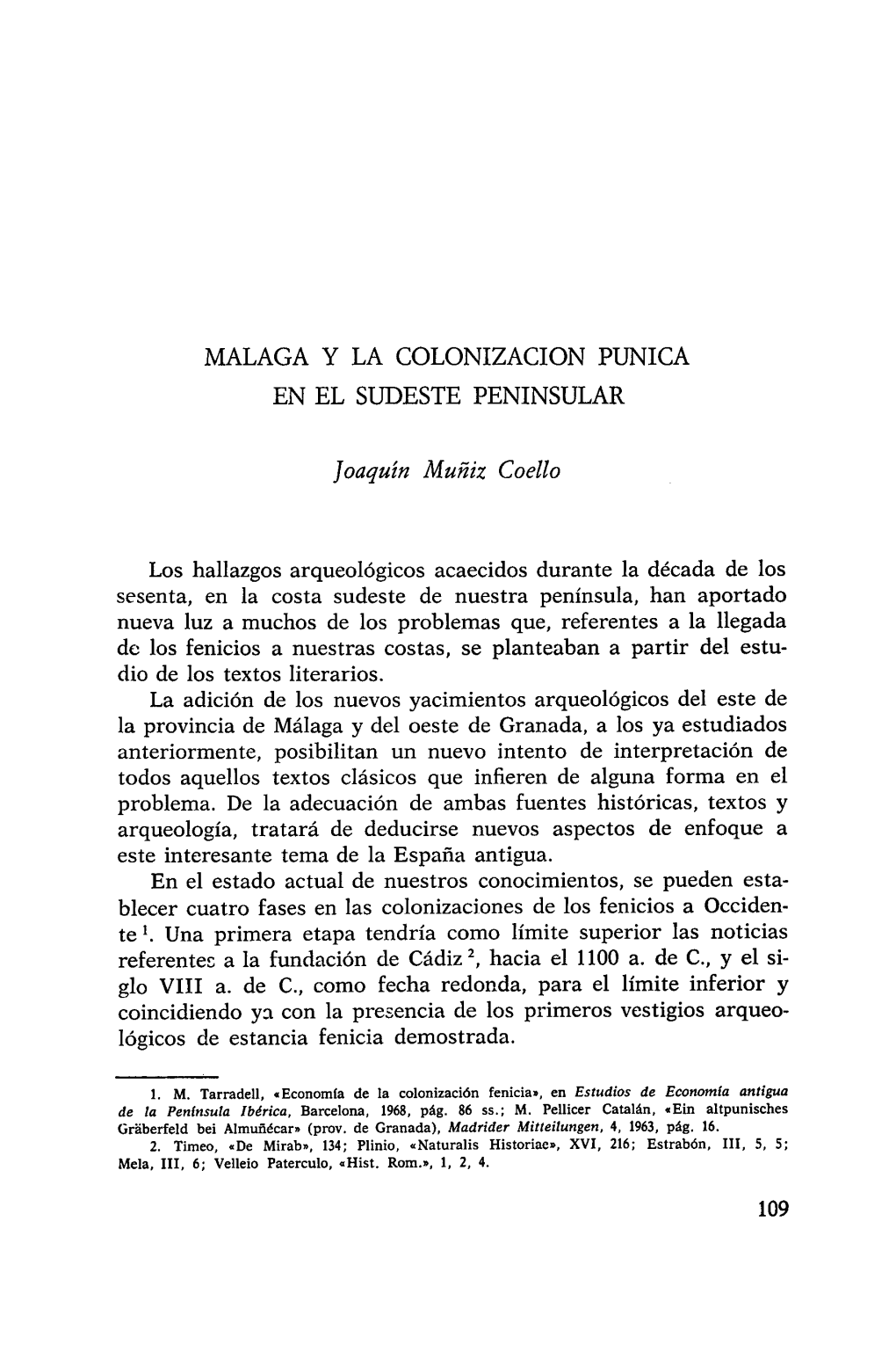 Malaga Y La Colonizacion Punica En El Sudeste Peninsular