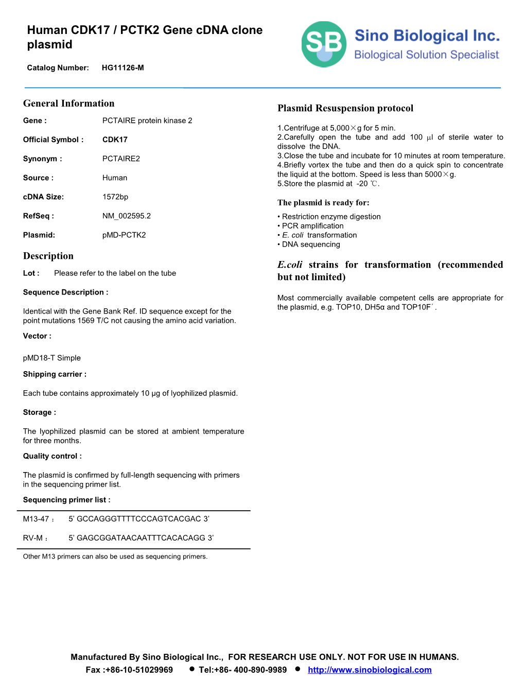 Human CDK17 / PCTK2 Gene Cdna Clone Plasmid