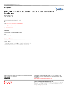 Reality TV in Bulgaria: Social and Cultural Models and National Peculiarities Maria Popova