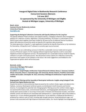 Concurrent Sessions Abstracts 5-6 June 2017 Co-Sponsored by the University of Michigan and Idigbio Hosted at Michigan League, University of Michigan
