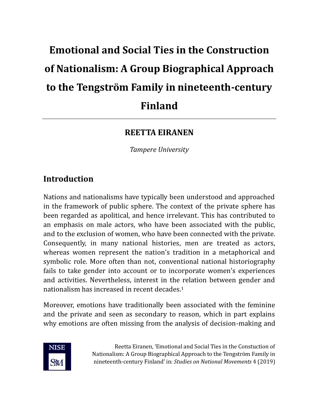 Emotional and Social Ties in the Construction of Nationalism: a Group Biographical Approach to the Tengström Family in Nineteenth-Century Finland