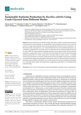 Sustainable Surfactin Production by Bacillus Subtilis Using Crude Glycerol from Different Wastes