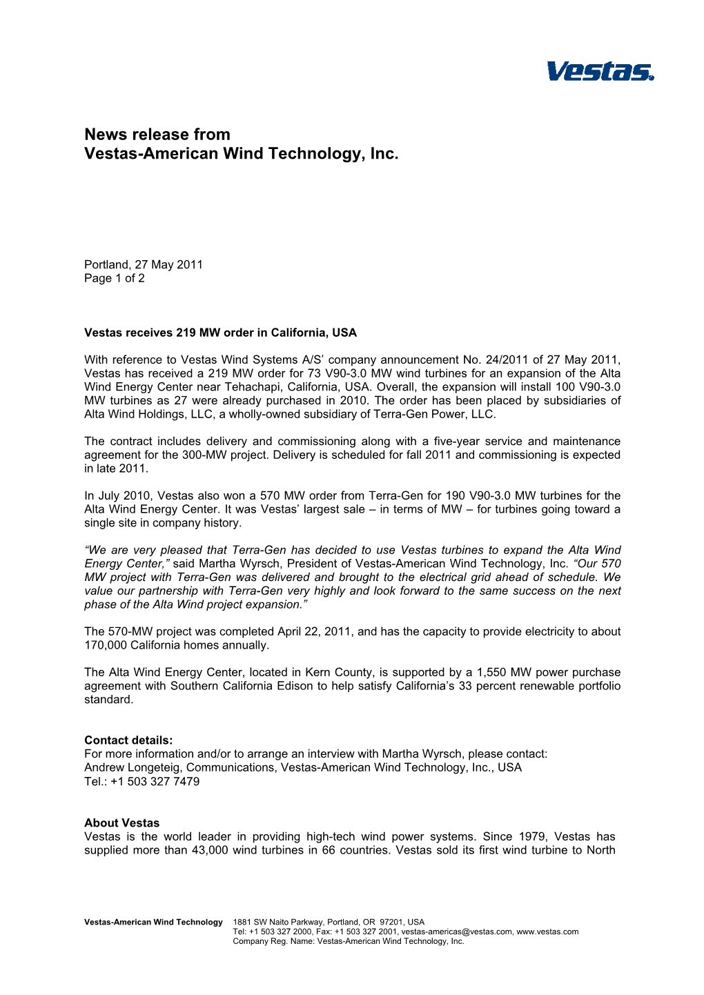 News Release from Vestas-American Wind Technology, Inc