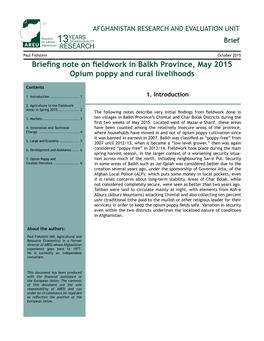Briefing Note on Fieldwork in Balkh Province, May 2015 Opium Poppy and Rural Livelihoods