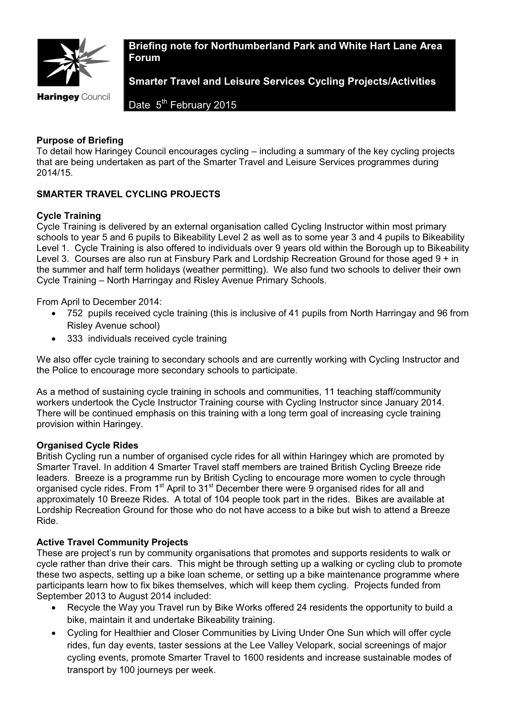 Briefing Note Cycling Projects 5Th February 2015