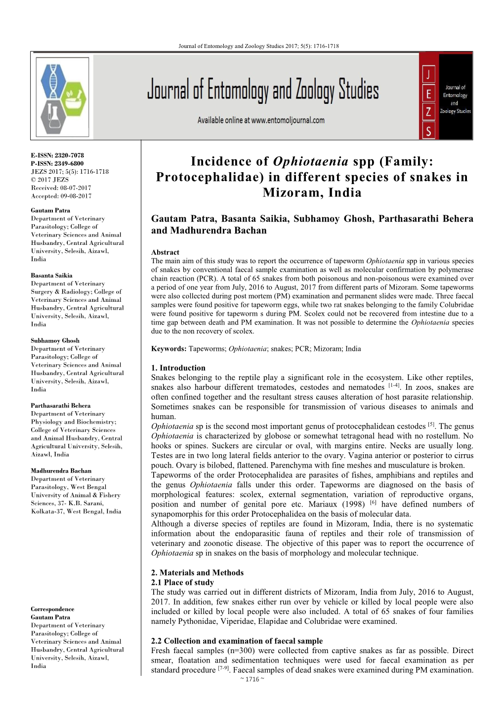 (Family: Protocephalidae) in Different Species of Snakes in Mizoram, India