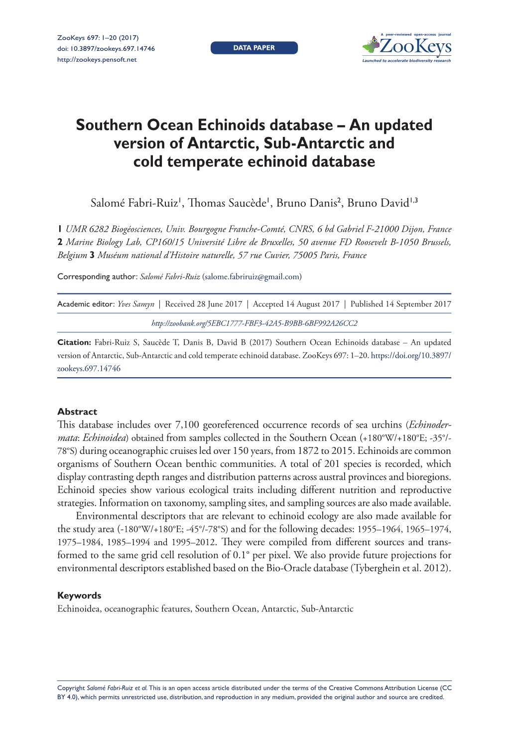 ﻿Southern Ocean Echinoids Database – an Updated Version of Antarctic