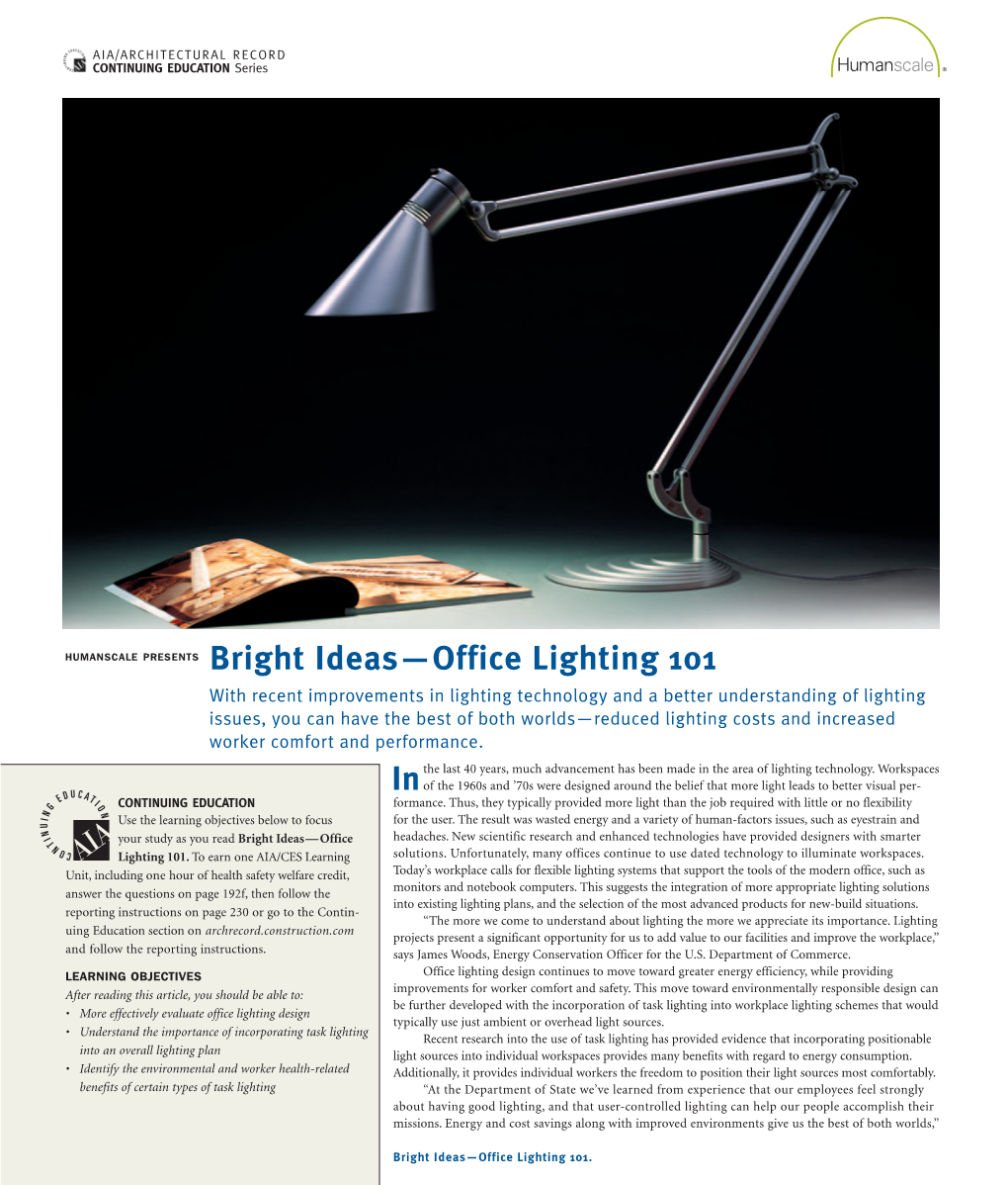 HUMANSCALE PRESENTS Bright Ideas—Office Lighting 101 In