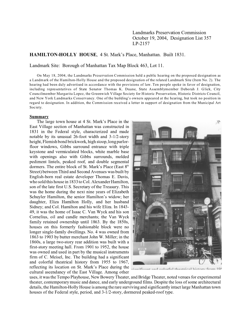 Hamilton-Holly House Designation Report