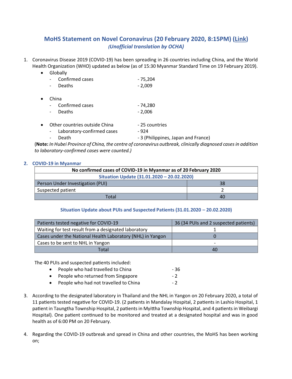 Mohs Statement on Novel Coronavirus (20 February 2020, 8:15PM) (Link) (Unofficial Translation by OCHA)