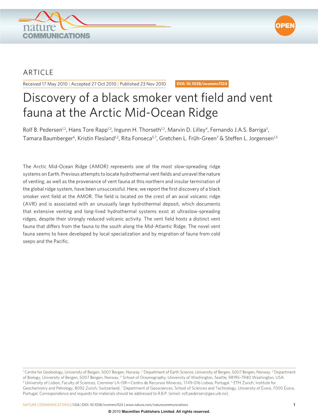 Discovery of a Black Smoker Vent Field and Vent Fauna at the Arctic Mid-Ocean Ridge