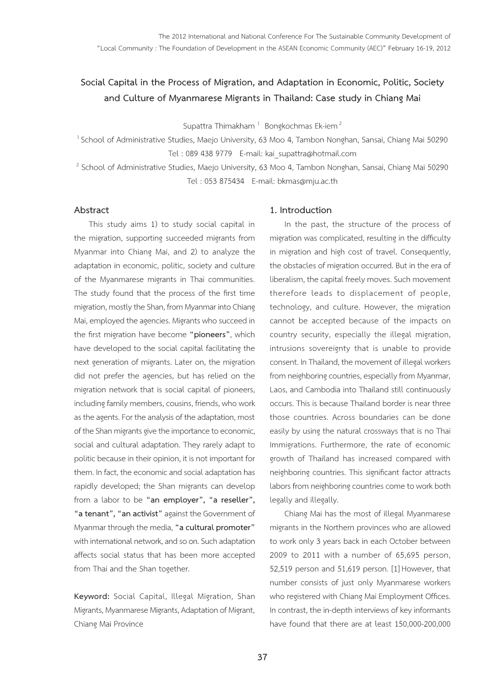 37 Abstract 1. Introduction Social Capital in the Process of Migration