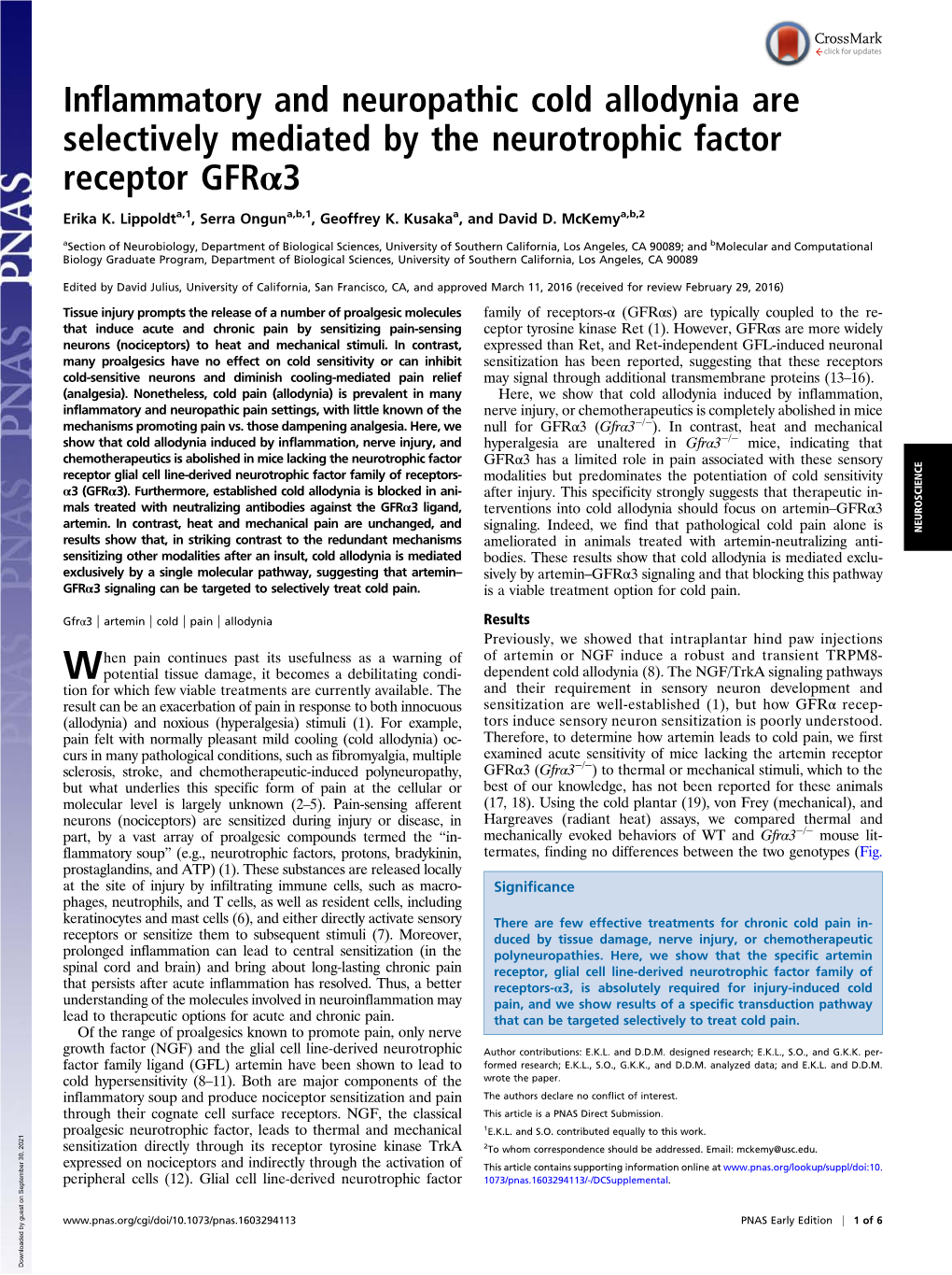 Inflammatory and Neuropathic Cold Allodynia Are Selectively Mediated by the Neurotrophic Factor Receptor Gfrα3